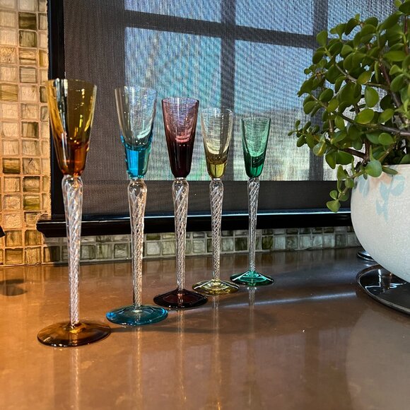 Stuart Lot 5 Long Stem Cordial Flute IONA AIR TRAP SPIRAL TWIST Colorful Crystal - Picture 9 of 16